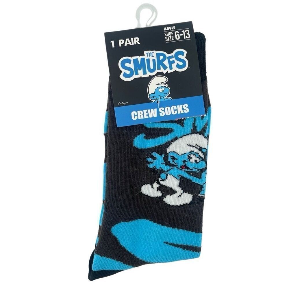 Smurfs Adult Crew Socks Black Blue Graphic Unisex Size 6–13 Throwback Vibe